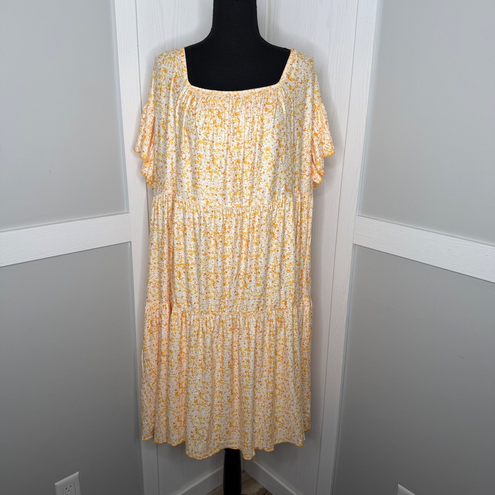 Kojooin Tiered Dress Womens 3XL Yellow Floral Ruffle Sleeve Square Neck Pocket
